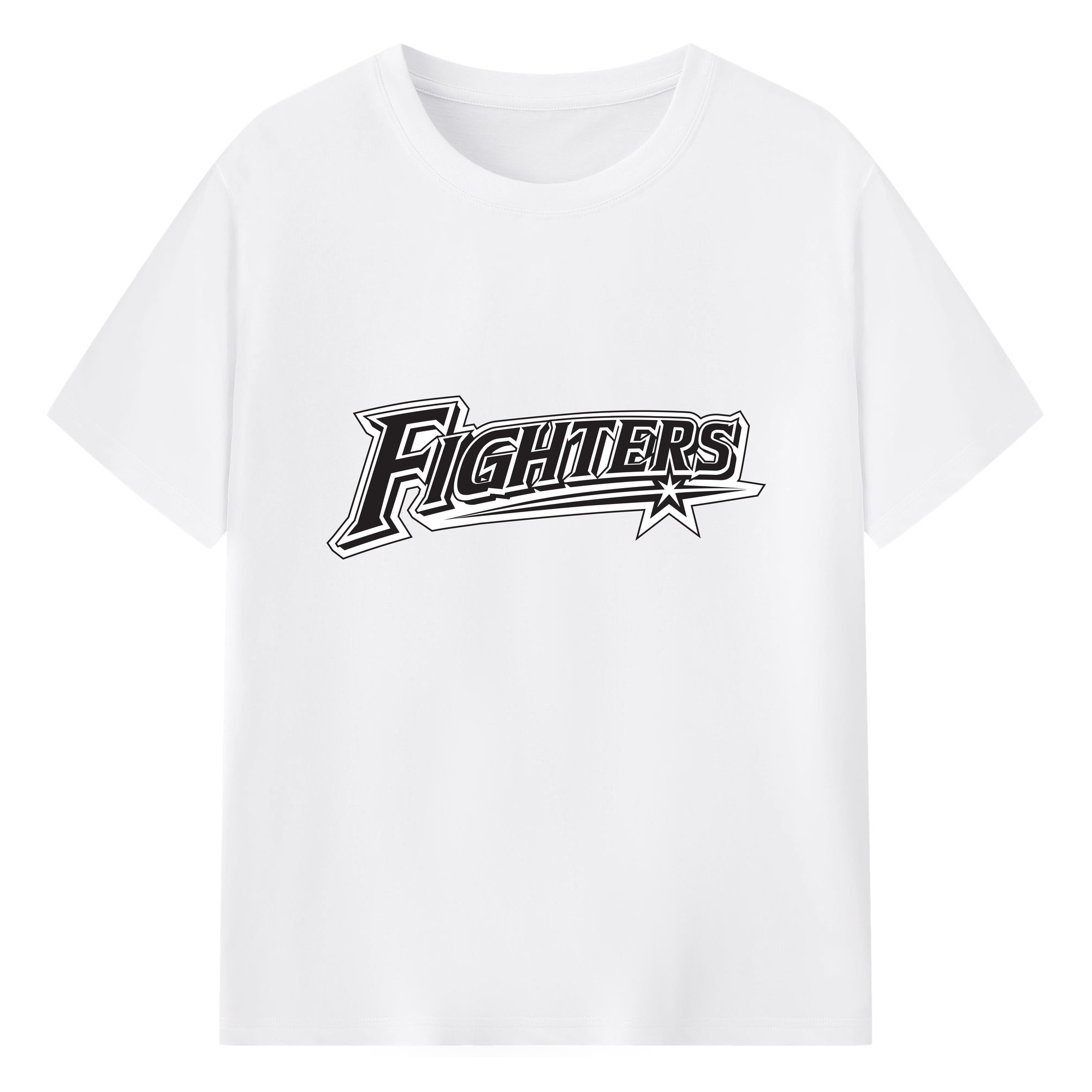 HOKKAIDO NIPPON-HAM FIGHTERS WORDMARK APPLICATION BLACK AND WHITE Logo - 綿100％ 半袖Tシャツ ・ フロントプリント ・ 快適 通気性 ・ 日常使い 散歩 スポーツ用
