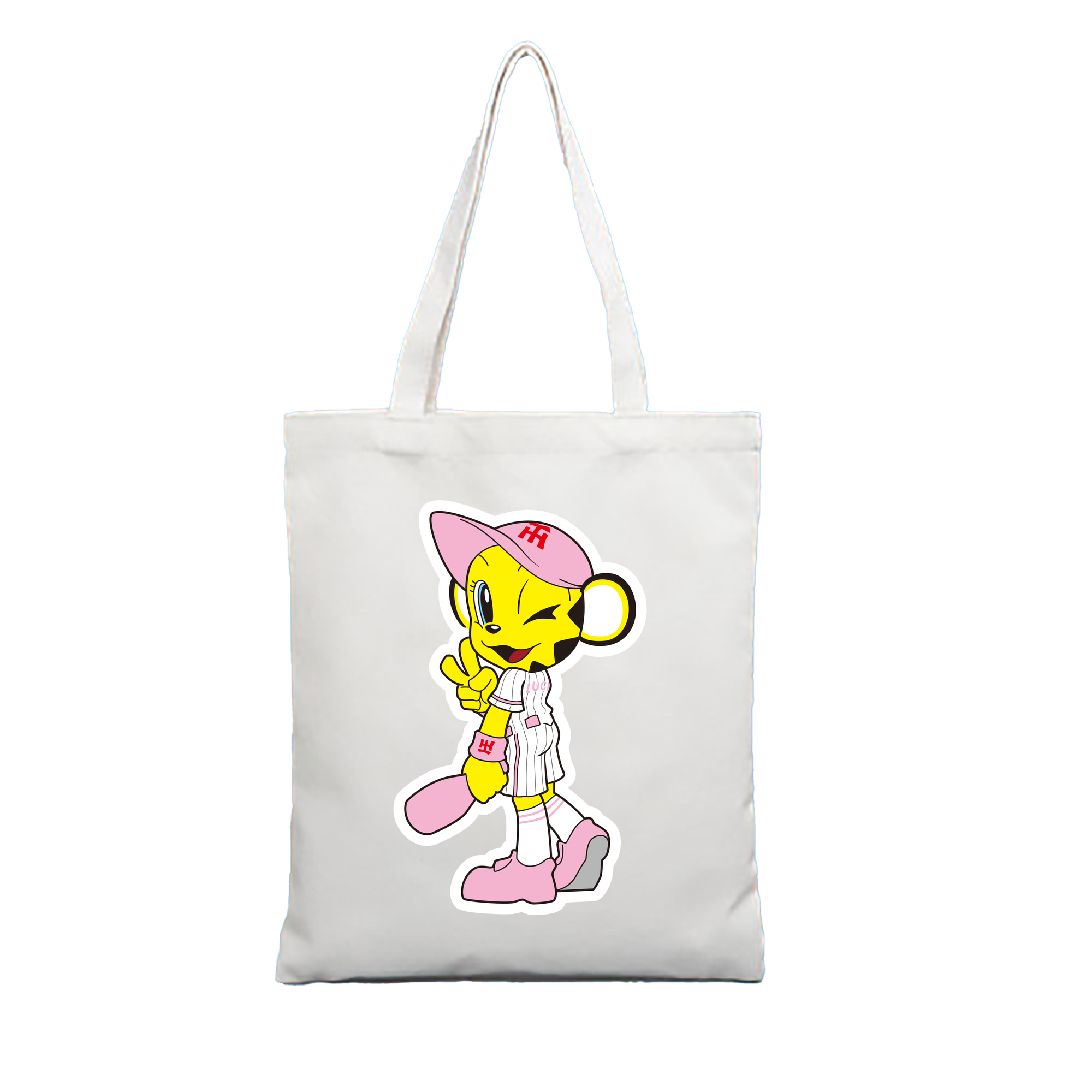 HANSHIN TIGERS MASCOT LUCKY APPLICATION TURN AROUND WINK 2015 Logo - 縦型キャンバス手提げバッグ（トートバッグ） ・ キャンバス素材 ・ ショッピング用 ・ 軽量 丈夫 お手入れ簡単