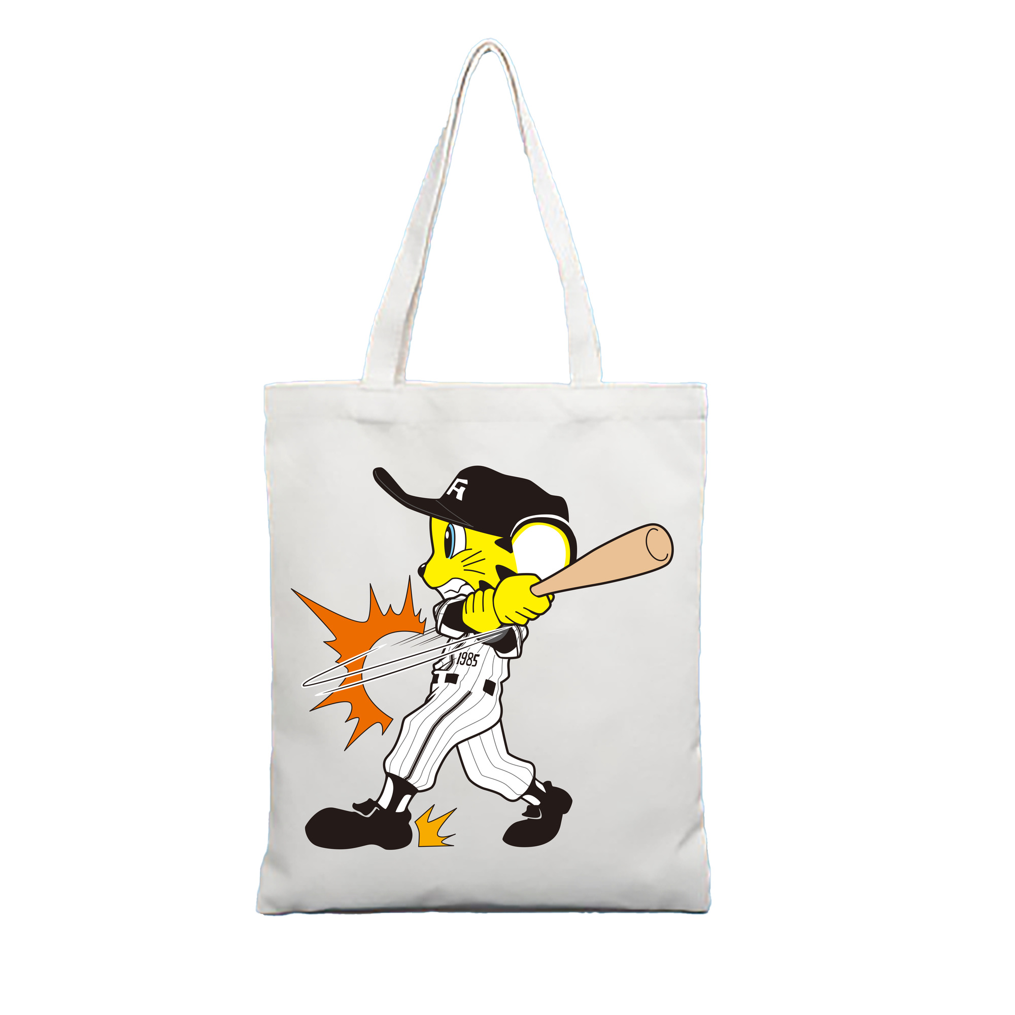 HANSHIN TIGERS MASCOT TO-LUCKY APPLICATION HITTING Logo - 縦型キャンバス手提げバッグ（トートバッグ） ・ キャンバス素材 ・ ショッピング用 ・ 軽量 丈夫 お手入れ簡単