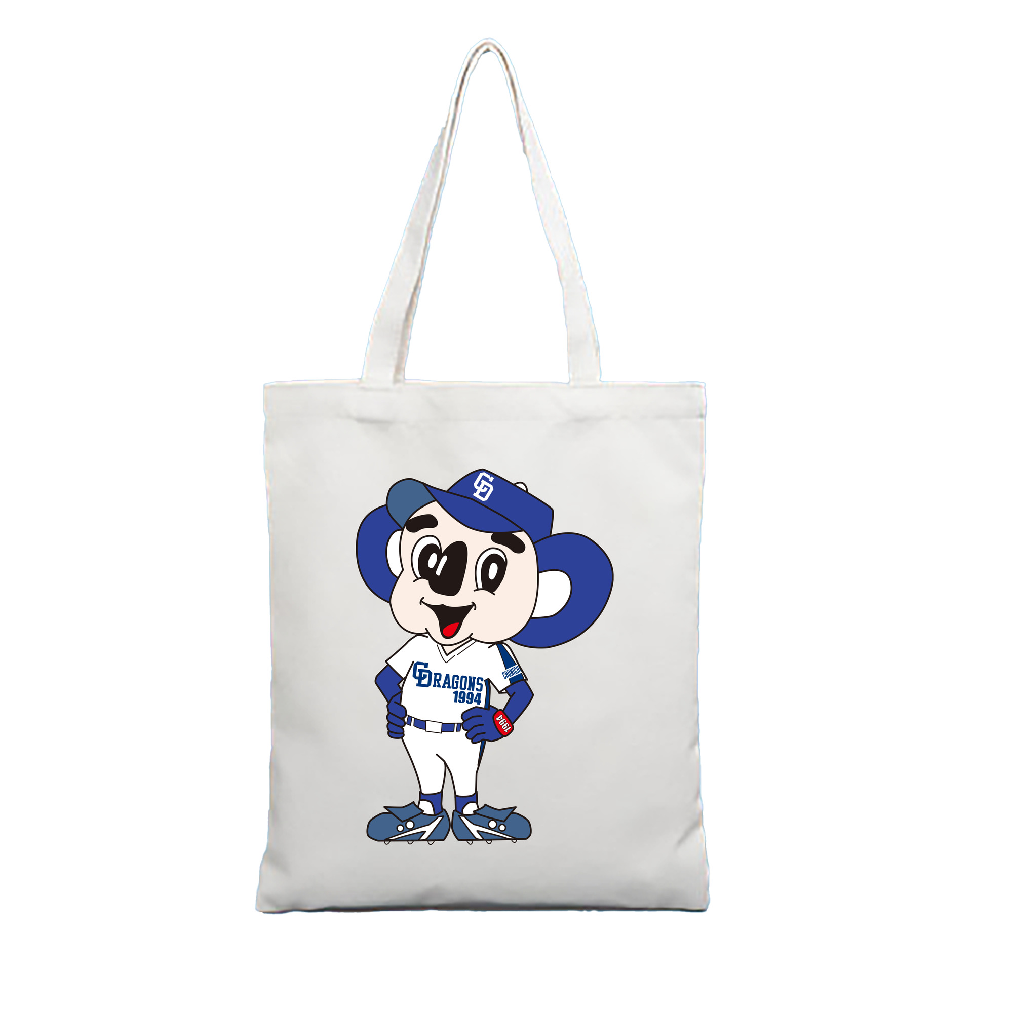 CHUNICHI DRAGONS MASCOT DOALA 2004 2011 HOME UNIFORM APPLICATION STANDING Logo - 縦型キャンバス手提げバッグ（トートバッグ） ・ キャンバス素材 ・ ショッピング用 ・ 軽量 丈夫 お手入れ簡単