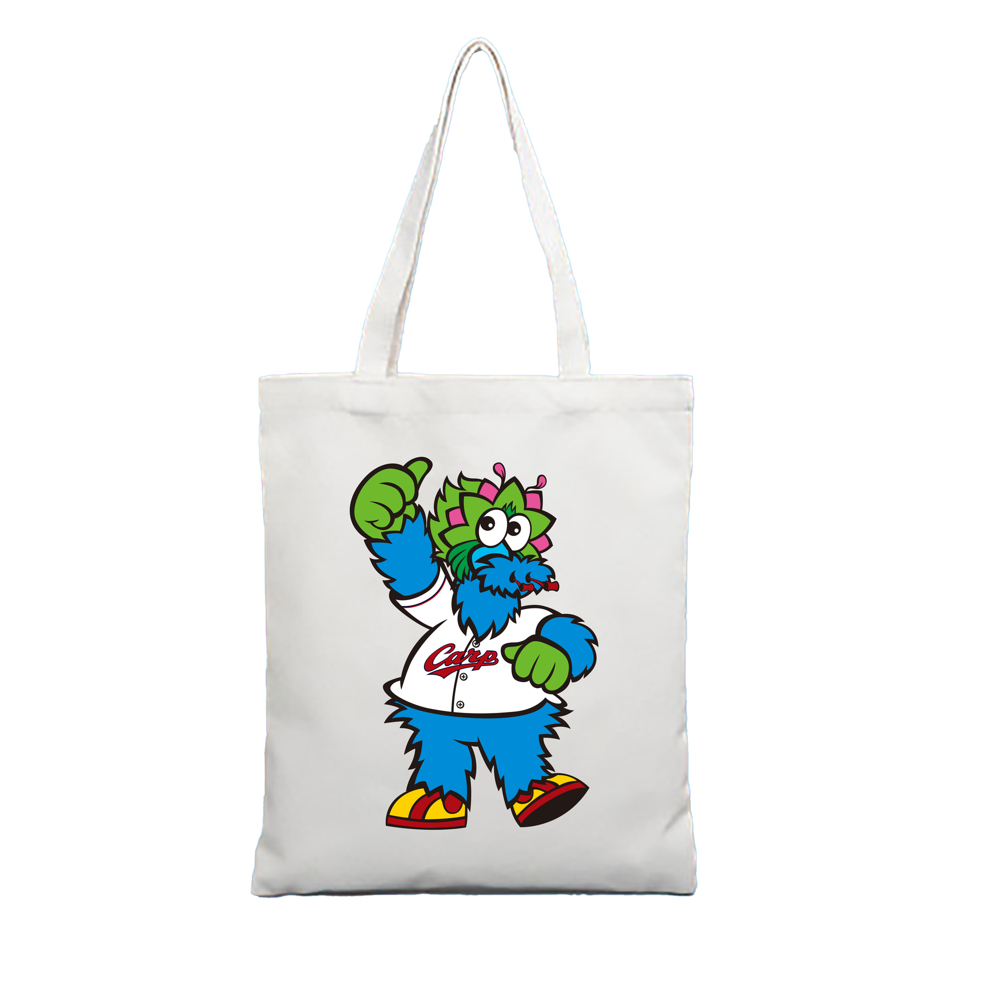 HIROSHIMA TOYO CARP MASCOT SLYLY 2023 HOME UNIFORM APPLICATION THUMS UP Logo - 縦型キャンバス手提げバッグ（トートバッグ） ・ キャンバス素材 ・ ショッピング用 ・ 軽量 丈夫 お手入れ簡単