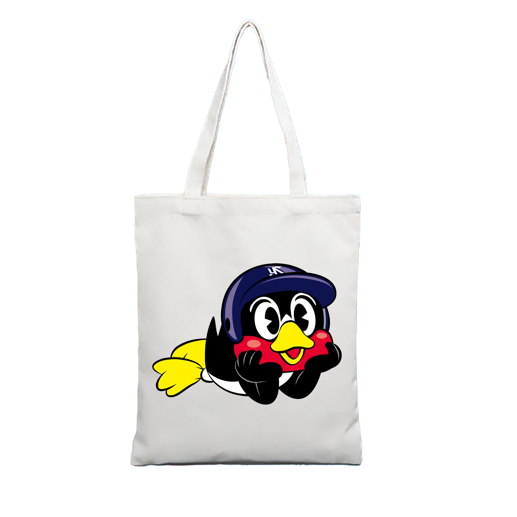 TOKYO YAKULT SWALLOWS MASCOT TSUBAKURO APPLICATION LIE DOWN FORWARD Logo - 縦型キャンバス手提げバッグ（トートバッグ） ・ キャンバス素材 ・ ショッピング用 ・ 軽量 丈夫 お手入れ簡単