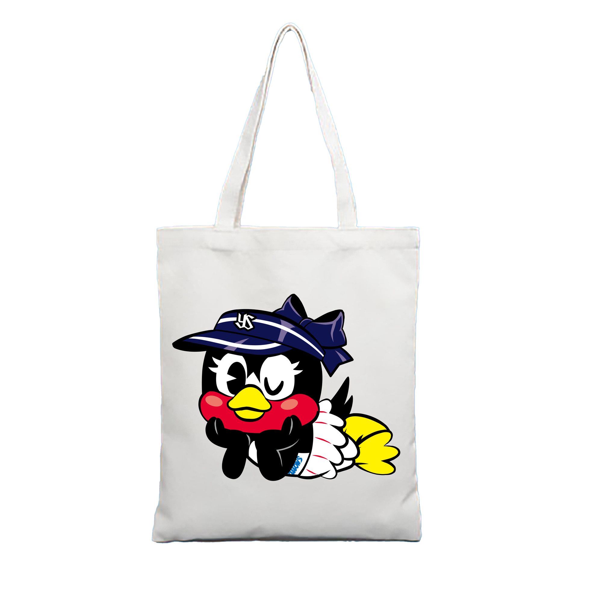 TOKYO YAKULT SWALLOWS MASCOT TSUBAMI APPLICATION LIE DOWN FORWARD Logo - 縦型キャンバス手提げバッグ（トートバッグ） ・ キャンバス素材 ・ ショッピング用 ・ 軽量 丈夫 お手入れ簡単