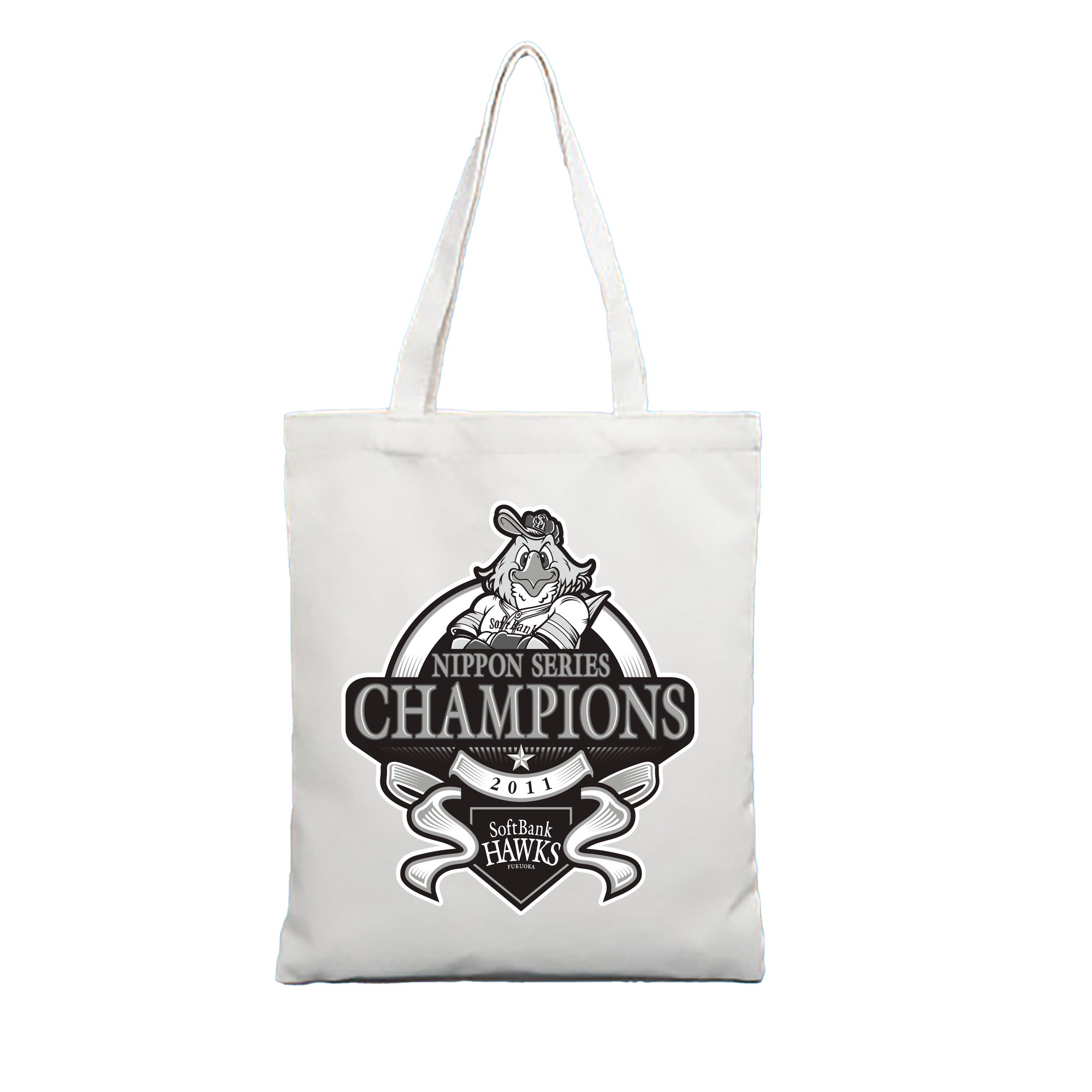 FUKUOKA SOFTBANK HAWKS 2011 NIPPON CHAMPIONS Black Logo - 縦型キャンバス手提げバッグ（トートバッグ） ・ キャンバス素材 ・ ショッピング用 ・ 軽量 丈夫 お手入れ簡単