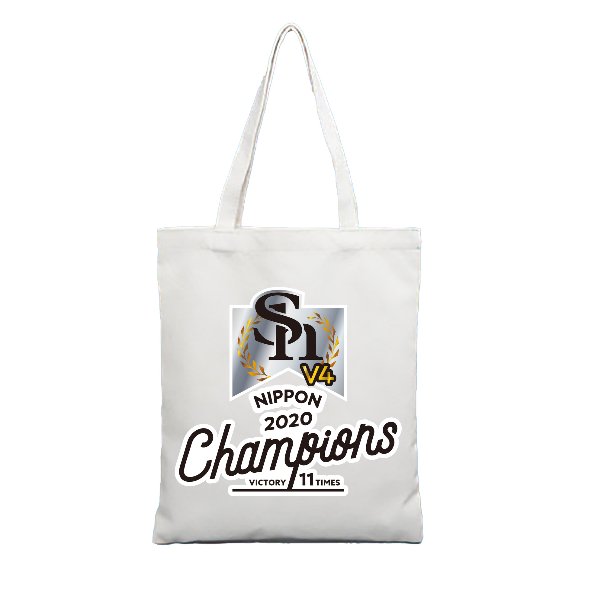 FUKUOKA SOFTBANK HAWKS 2020 NIPPON CHAMPIONS Logo - 縦型キャンバス手提げバッグ（トートバッグ） ・ キャンバス素材 ・ ショッピング用 ・ 軽量 丈夫 お手入れ簡単